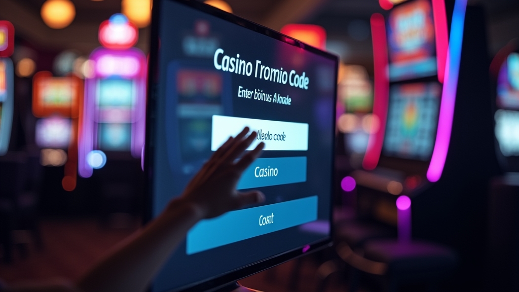 Promotiecode invoeren op een casino-scherm met slots op de achtergrond