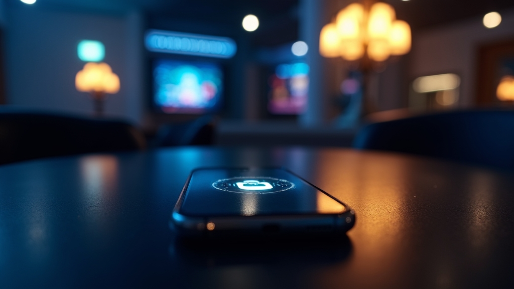 Smartphone met downloadschermen voor Android en iPhone in een donkere casino-omgeving