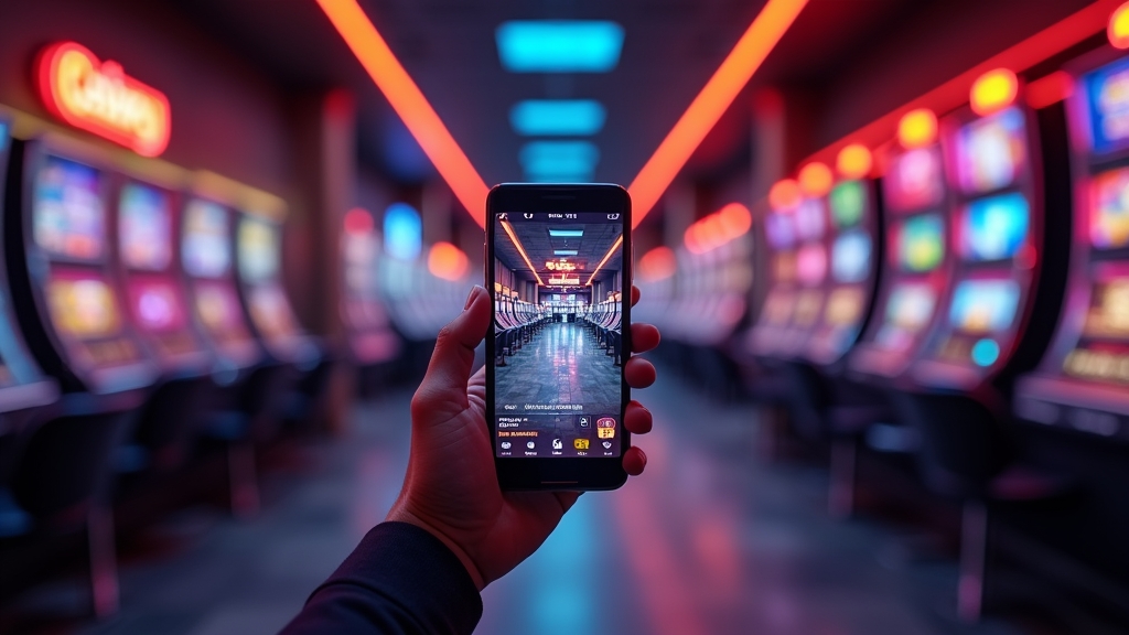 Hand met telefoon waarop snel een spelaanbod in een casino-lobby opent