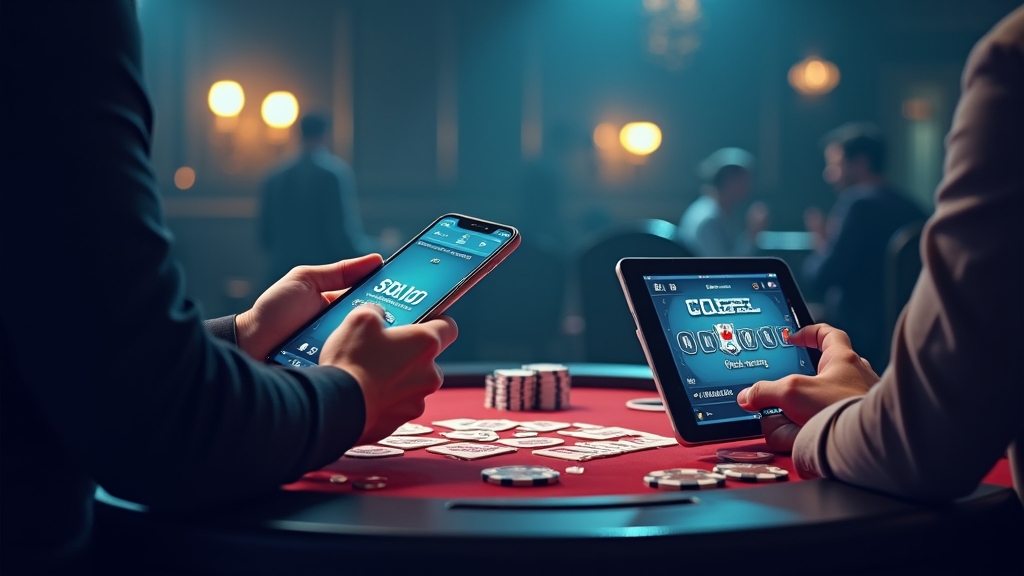 Mobiele casino-functies op telefoon en tablet in een donkere casinoruimte